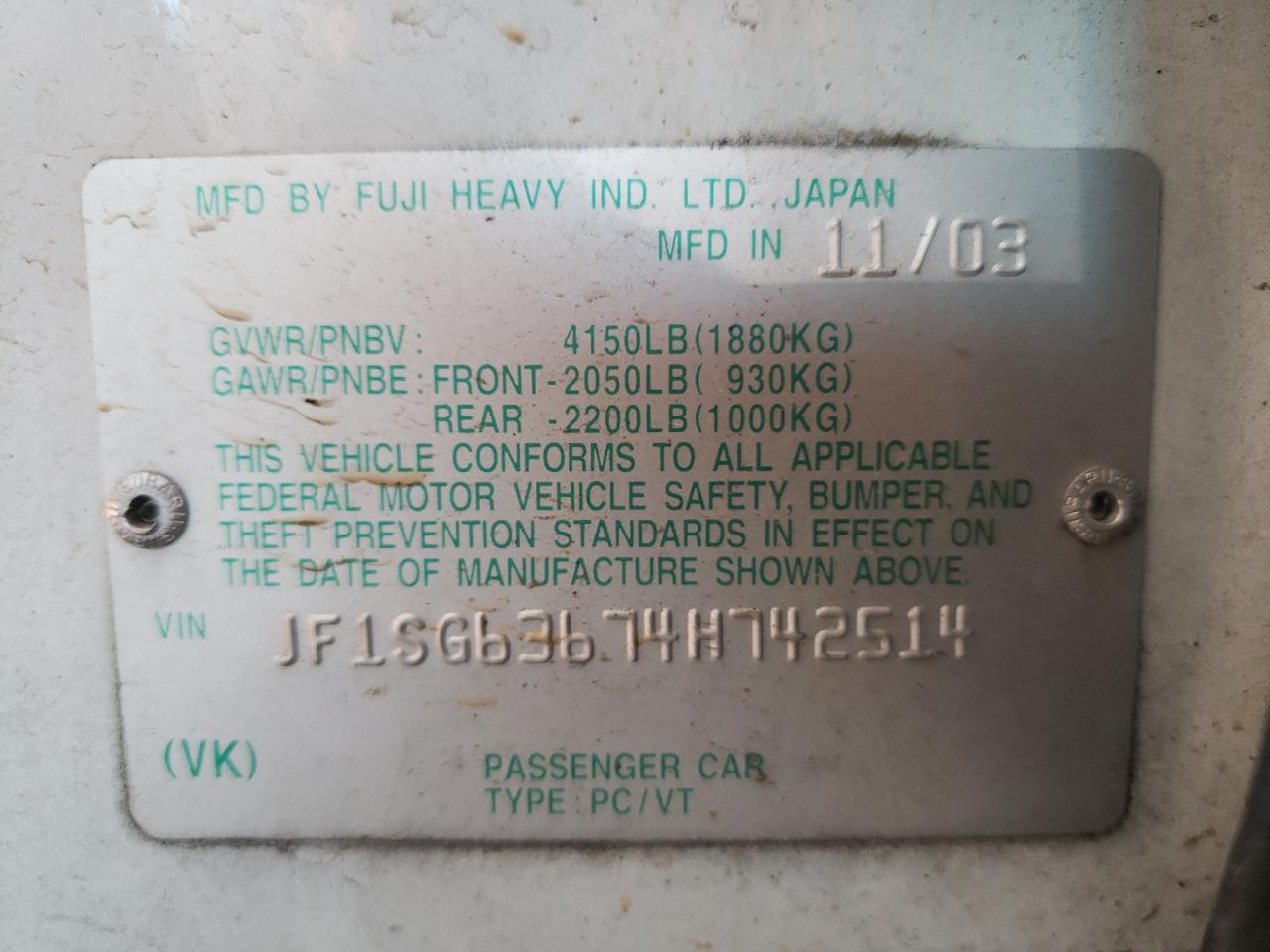 Foto 10 de la subasta – 2004 SUBARU FORESTER 2 con VIN JF1SG63674H742514