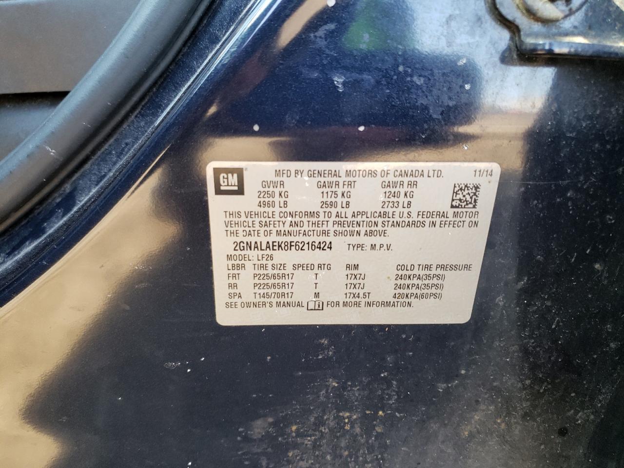 Photo 10 from auction – 2015 CHEVROLET EQUINOX LS with VIN 2GNALAEK8F6216424