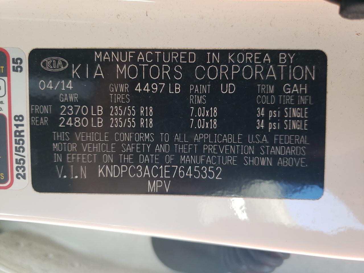 Photo 10 from auction – 2014 KIA SPORTAGE E with VIN KNDPC3AC1E7645352