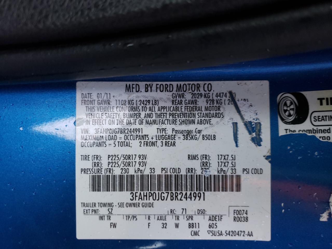 Photo 10 from auction – 2011 FORD FUSION SEL with VIN 3FAHP0JG7BR244991