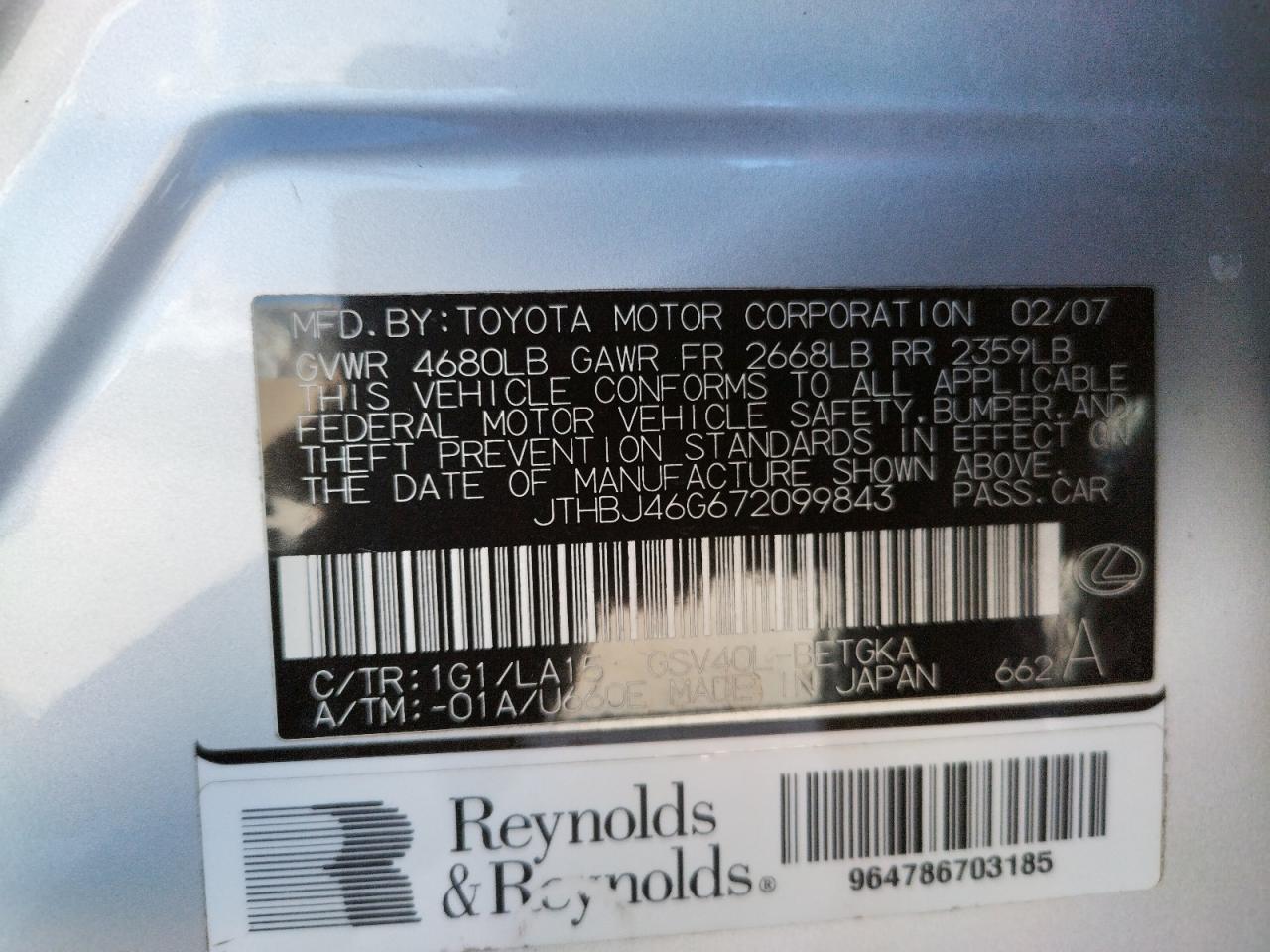 Photo 10 from auction – 2007 LEXUS ES 350 with VIN JTHBJ46G672099843