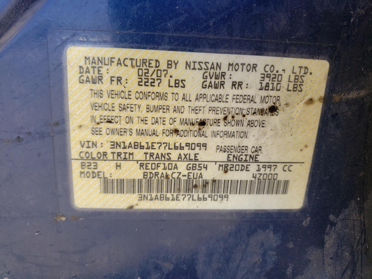 Photo 10 from auction – 2007 NISSAN SENTRA 2.0 with VIN 3N1AB61E77L669099