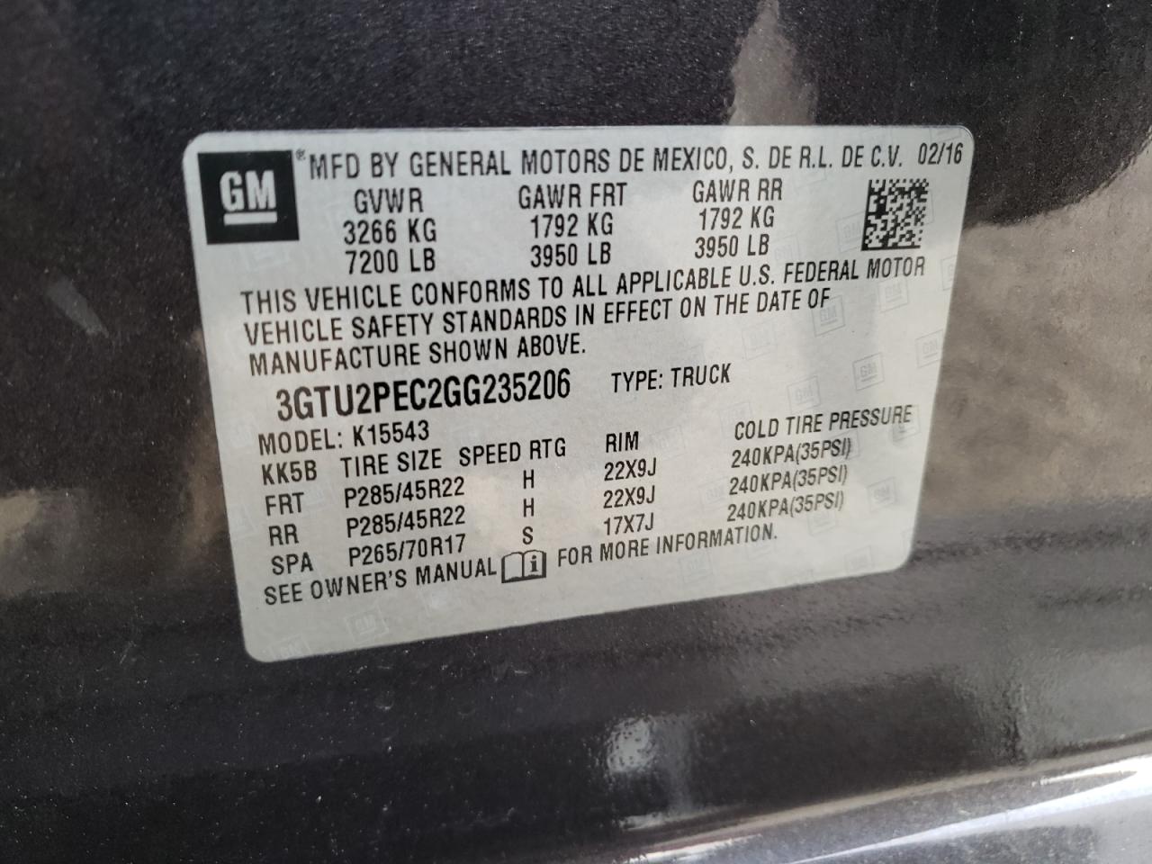 Photo 10 from auction – 2016 GMC SIERRA K15 with VIN 3GTU2PEC2GG235206