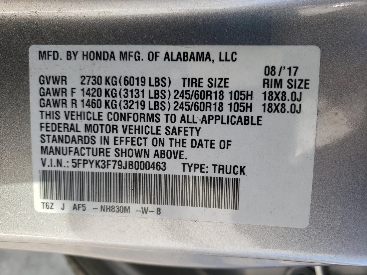 Photo 10 from auction – 2018 HONDA RIDGELINE with VIN 5FPYK3F79JB000463
