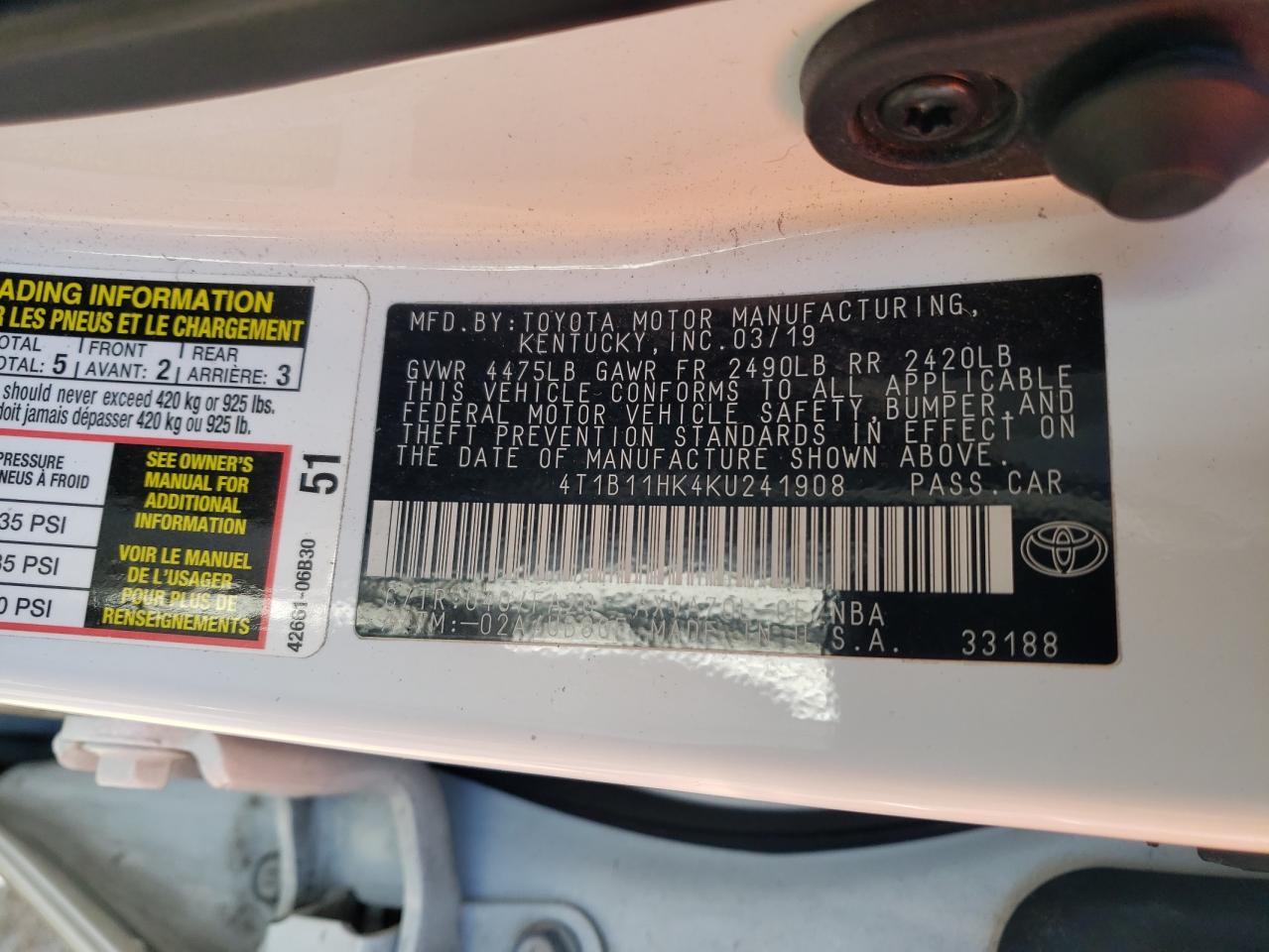 Photo 10 from auction – 2019 TOYOTA CAMRY L with VIN 4T1B11HK4KU241908