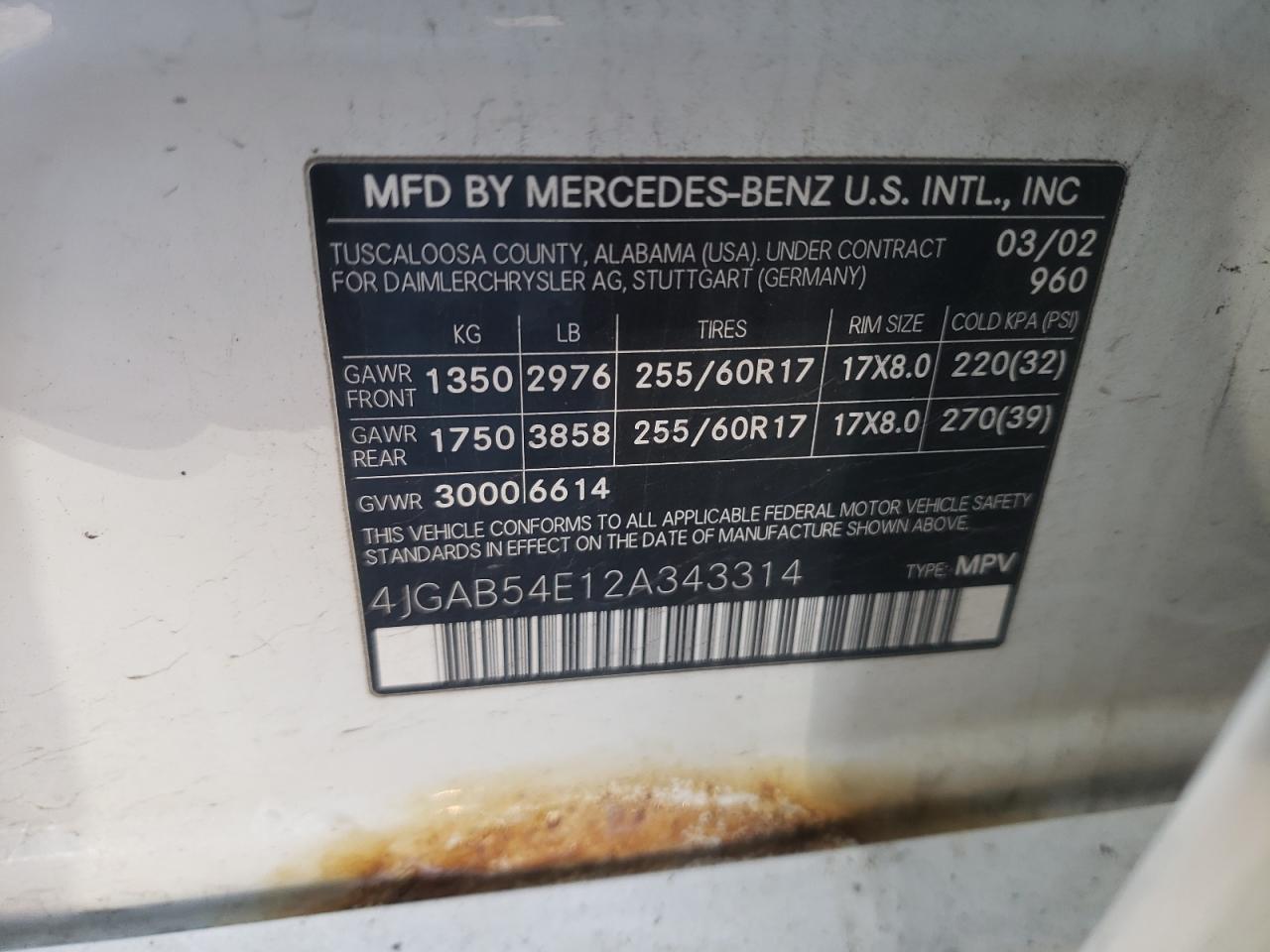 Photo 10 from auction – 2002 MERCEDES-BENZ ML 320 with VIN 4JGAB54E12A343314