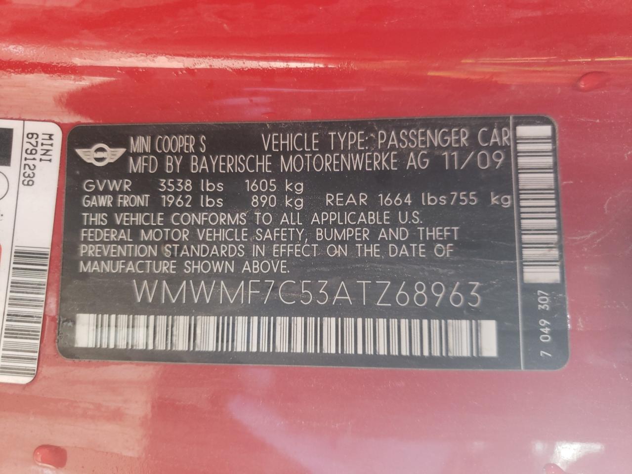 Photo 10 from auction – 2010 MINI COOPER S with VIN WMWMF7C53ATZ68963
