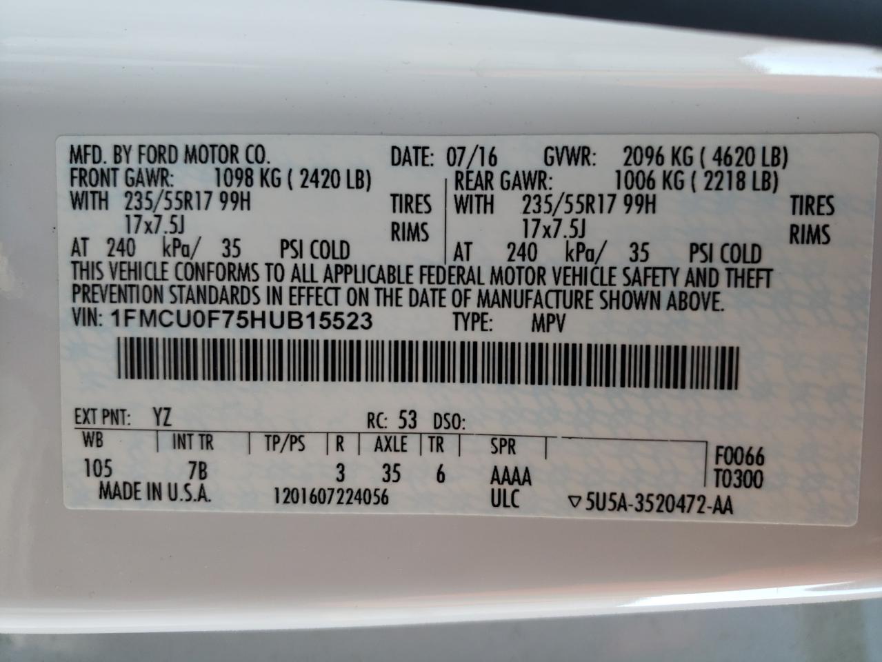 Foto 10 de la subasta – 2017 FORD ESCAPE S con VIN 1FMCU0F75HUB15523