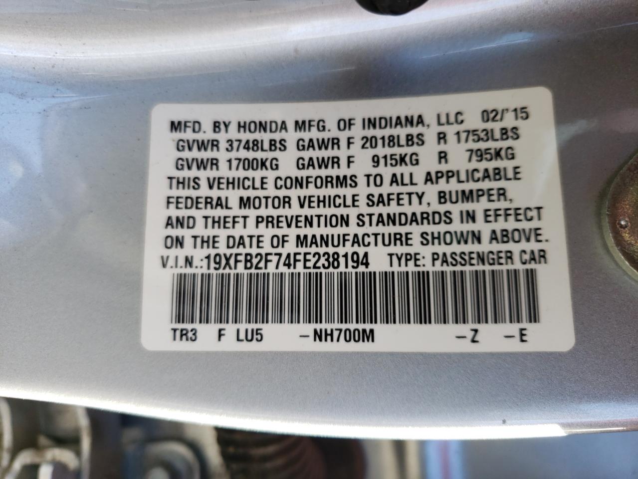 Photo 10 from auction – 2015 HONDA CIVIC SE with VIN 19XFB2F74FE238194