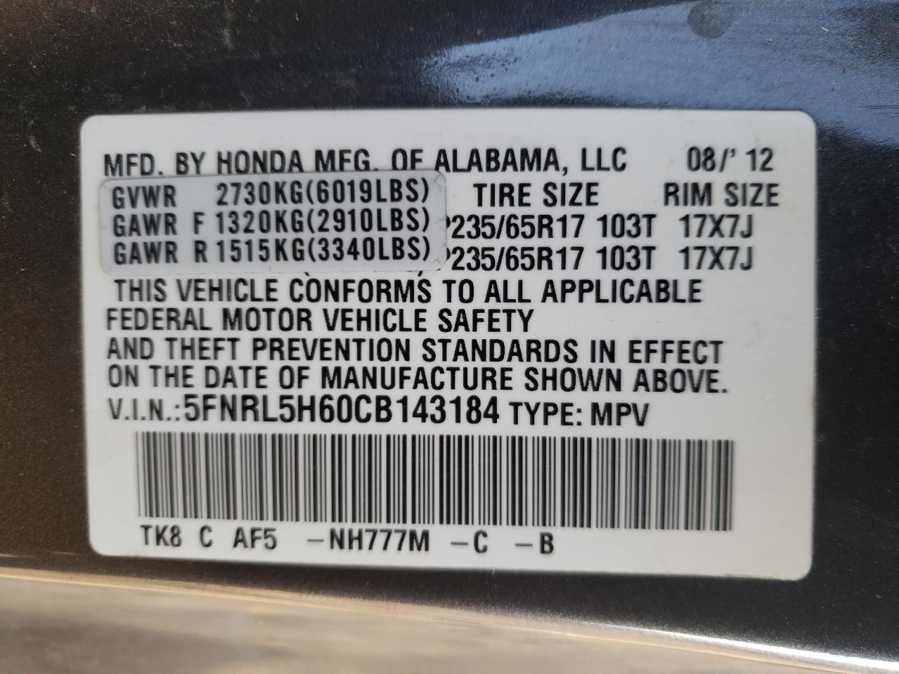 Photo 10 from auction – 2012 HONDA ODYSSEY EX with VIN 5FNRL5H60CB143184