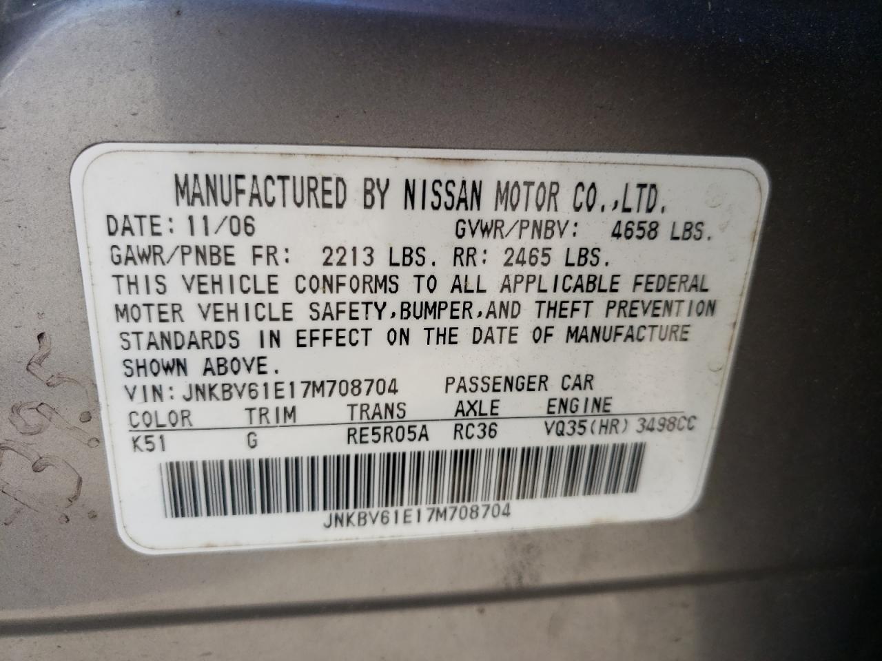 Photo 10 from auction – 2007 INFINITI G35 with VIN JNKBV61E17M708704