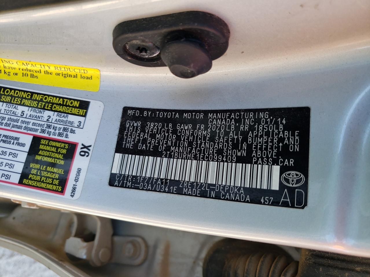 Photo 10 from auction – 2014 TOYOTA COROLLA L with VIN 2T1BURHE1EC099409