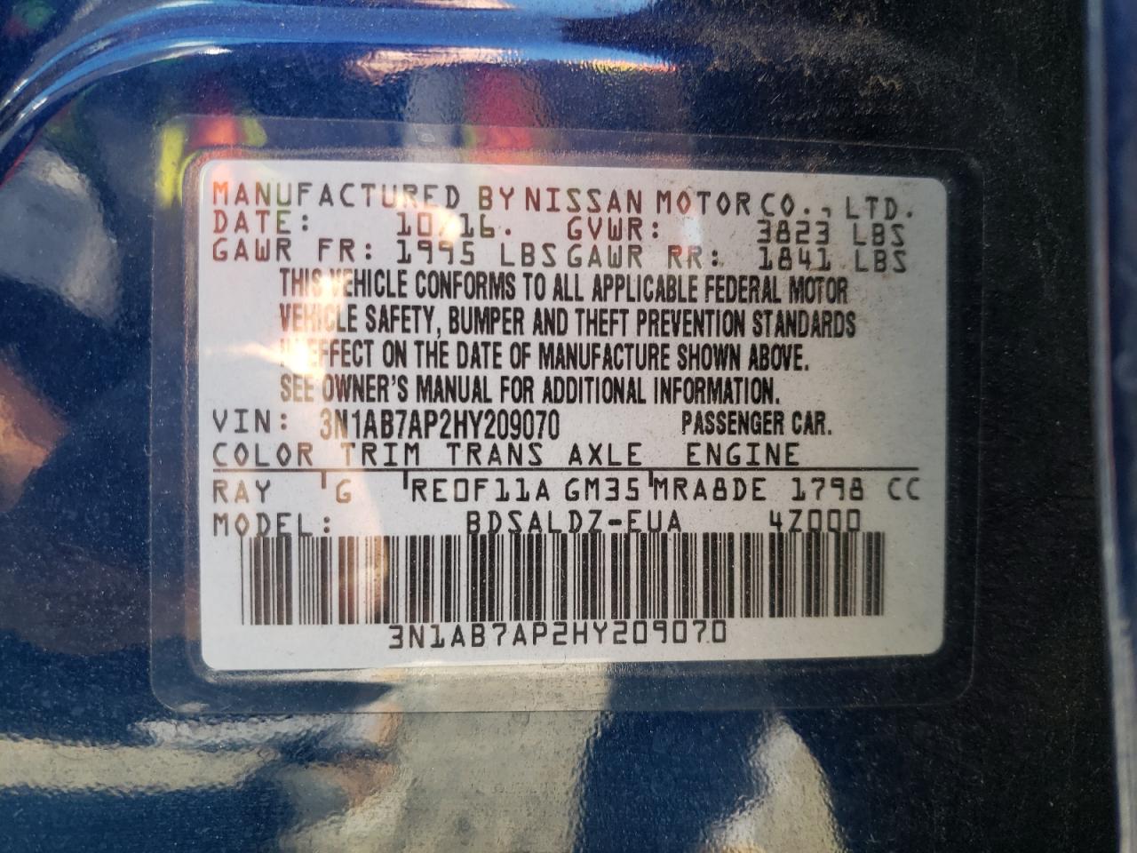 Photo 10 from auction – 2017 NISSAN SENTRA S with VIN 3N1AB7AP2HY209070