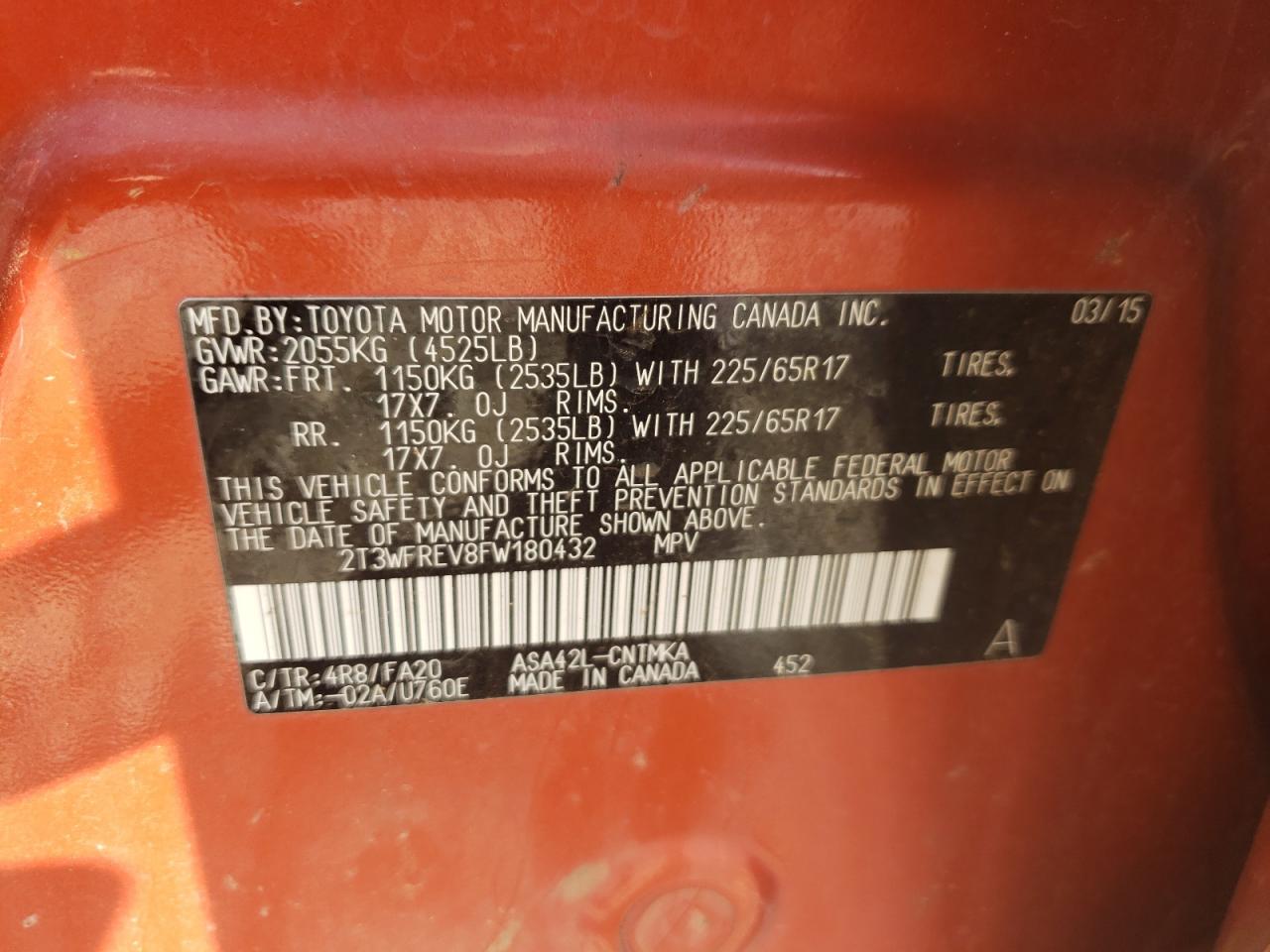 Photo 10 from auction – 2015 TOYOTA RAV4 XLE with VIN 2T3WFREV8FW180432