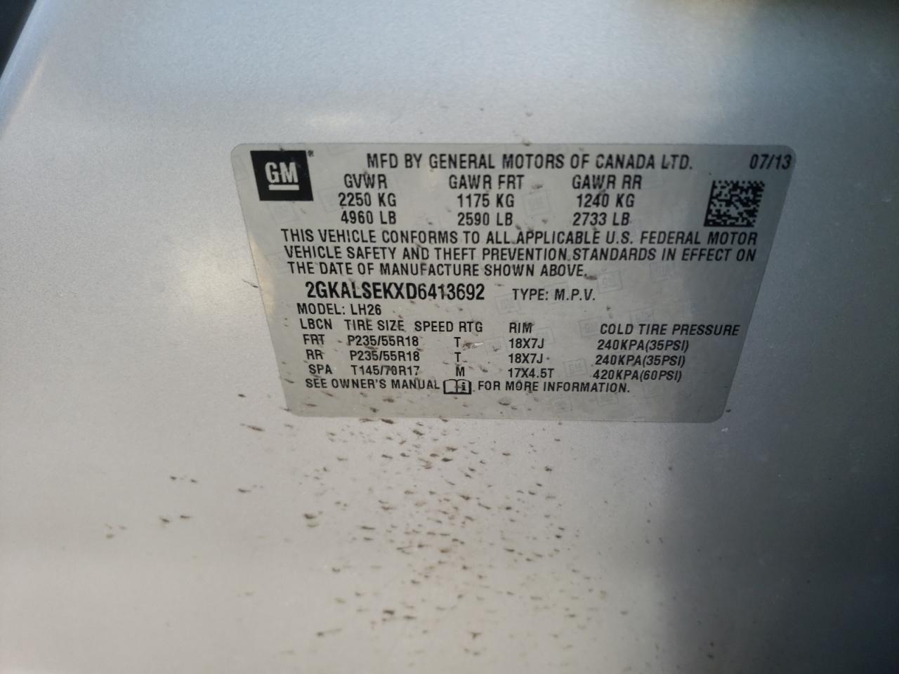 Photo 10 from auction – 2013 GMC TERRAIN SL with VIN 2GKALSEKXD6413692
