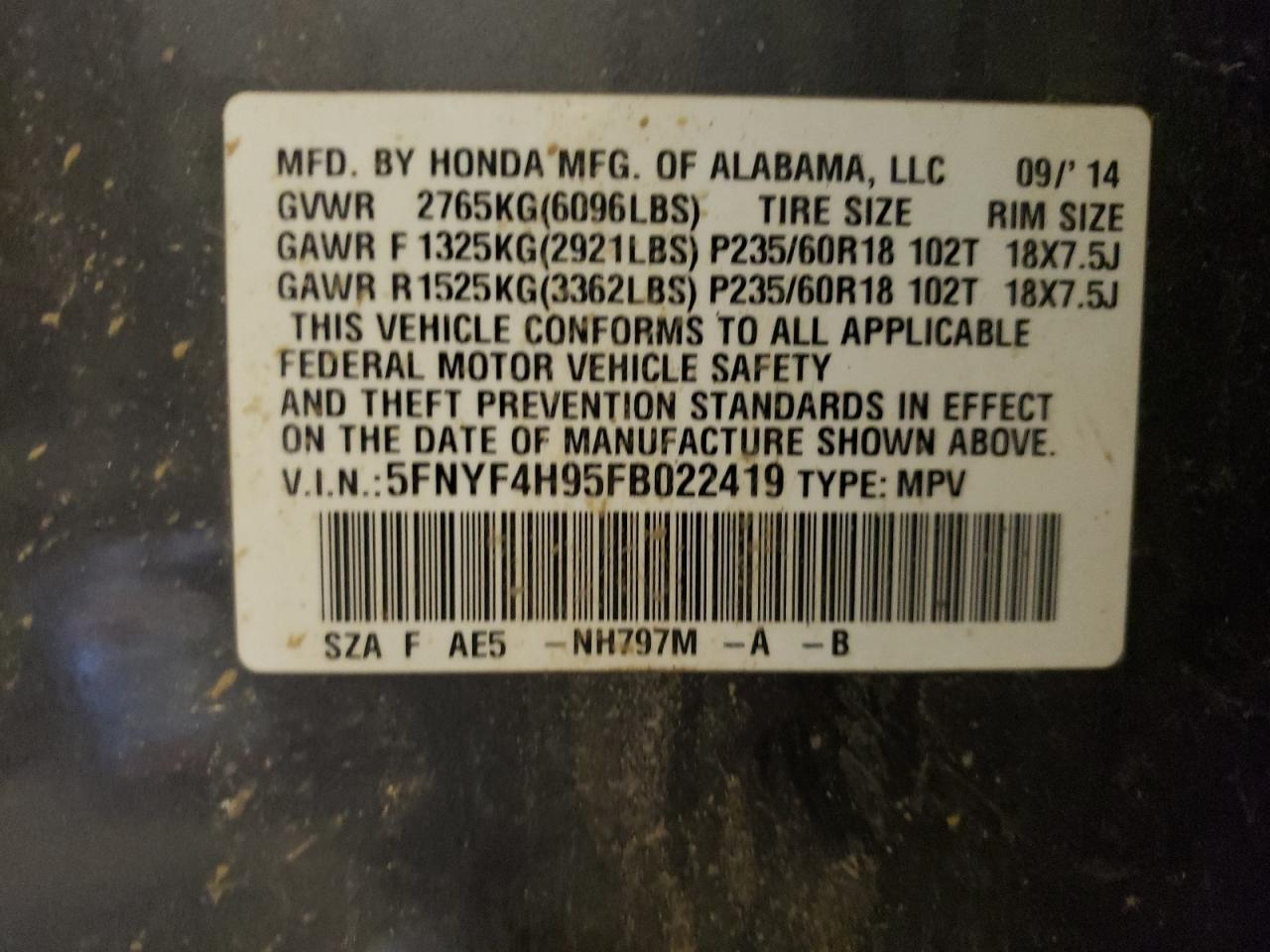 Photo 10 from auction – 2015 HONDA PILOT TOUR with VIN 5FNYF4H95FB022419