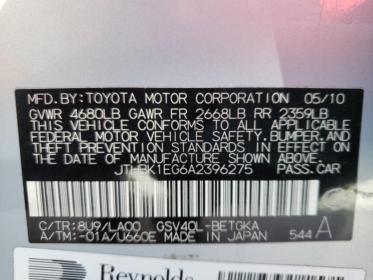 Photo 10 from auction – 2010 LEXUS ES 350 with VIN JTHBK1EG6A2396275