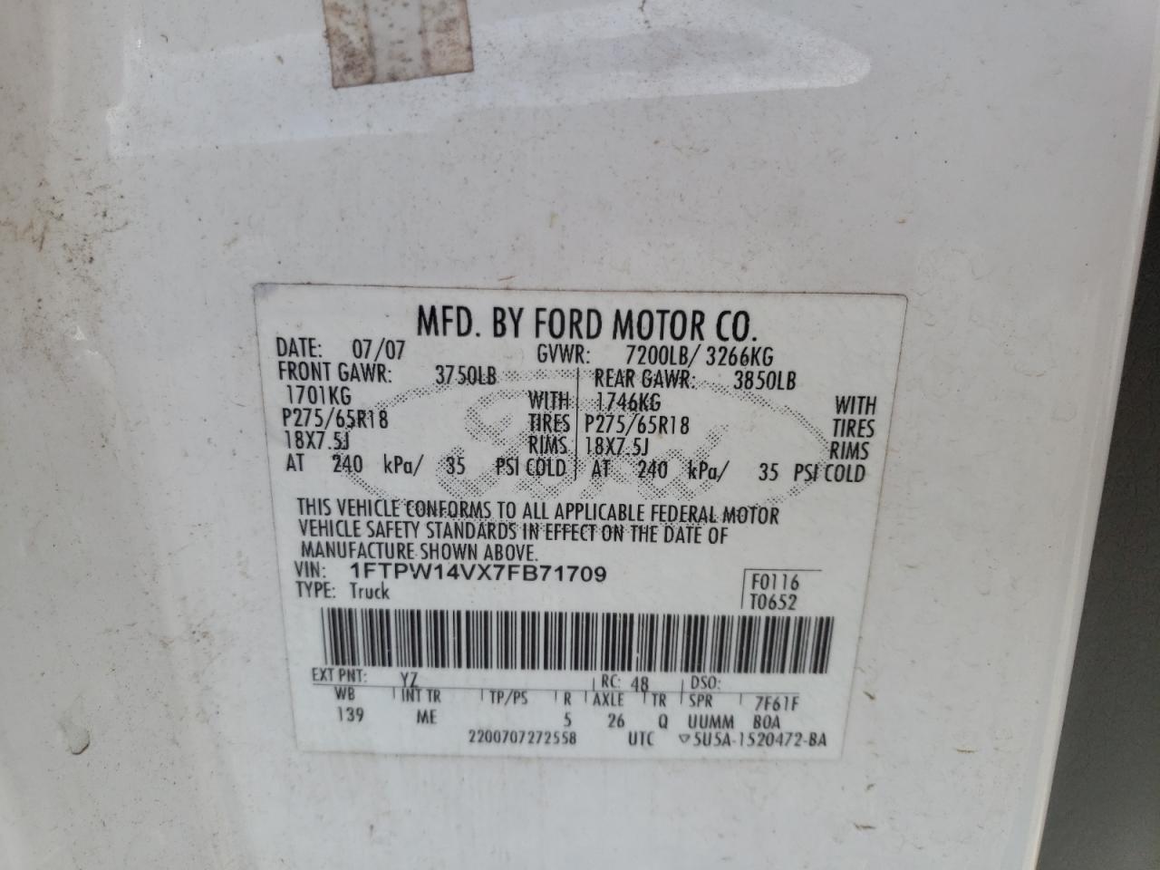 Photo 10 from auction – 2007 FORD F150 SUPER with VIN 1FTPW14VX7FB71709