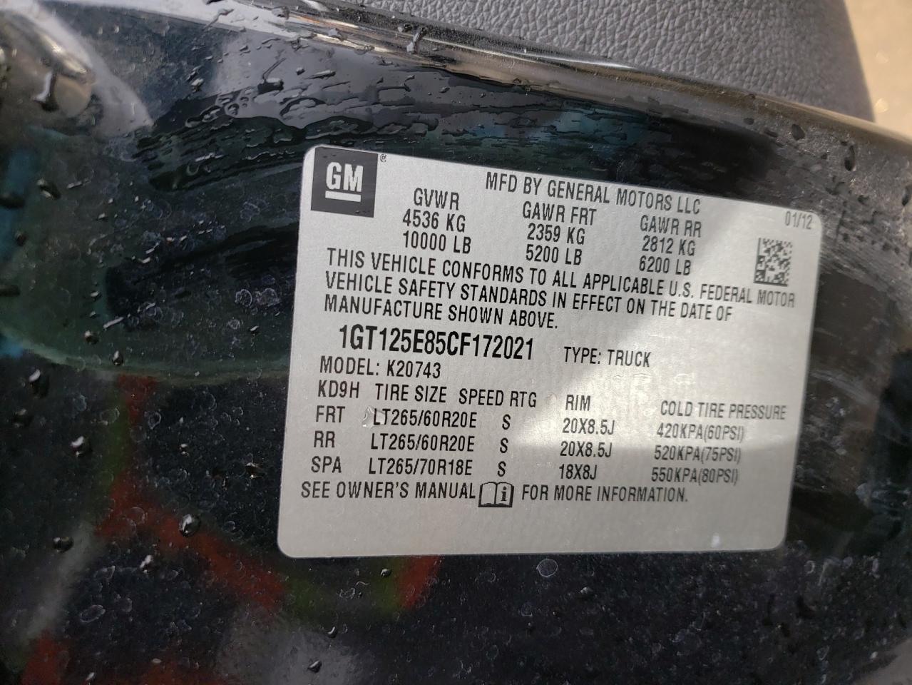 Photo 10 from auction – 2012 GMC SIERRA K25 with VIN 1GT125E85CF172021