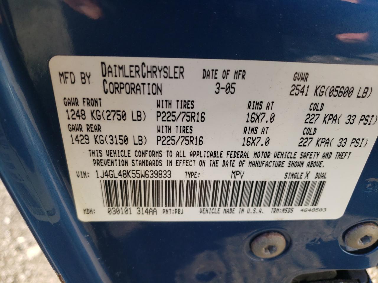 Photo 10 from auction – 2005 JEEP LIBERTY SP with VIN 1J4GL48K55W639833