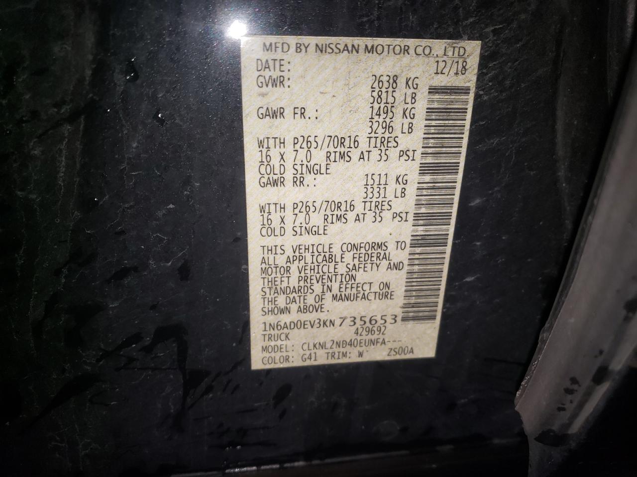 Photo 10 from auction – 2019 NISSAN FRONTIER S with VIN 1N6AD0EV3KN735653