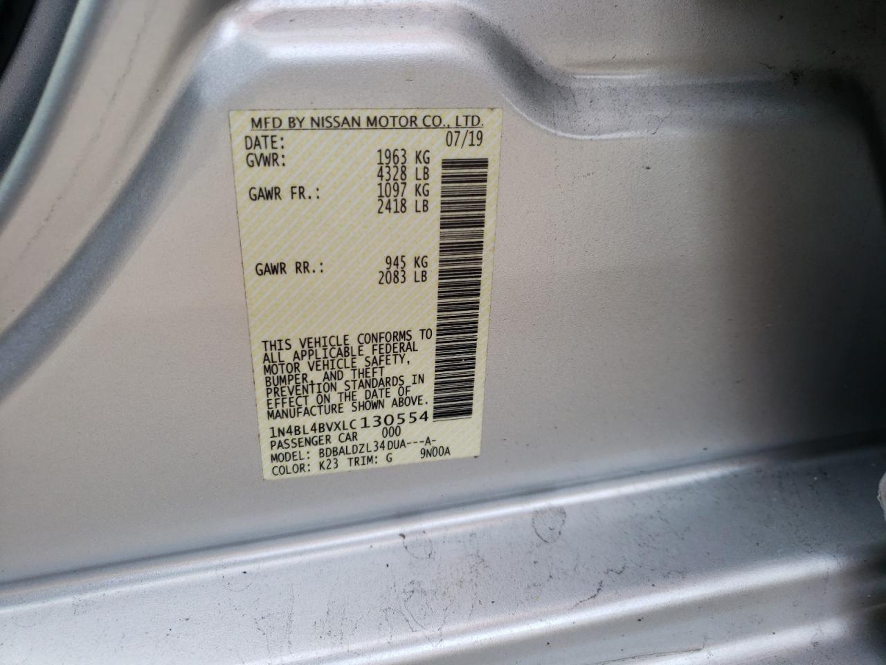 Photo 10 from auction – 2020 NISSAN ALTIMA S with VIN 1N4BL4BVXLC130554