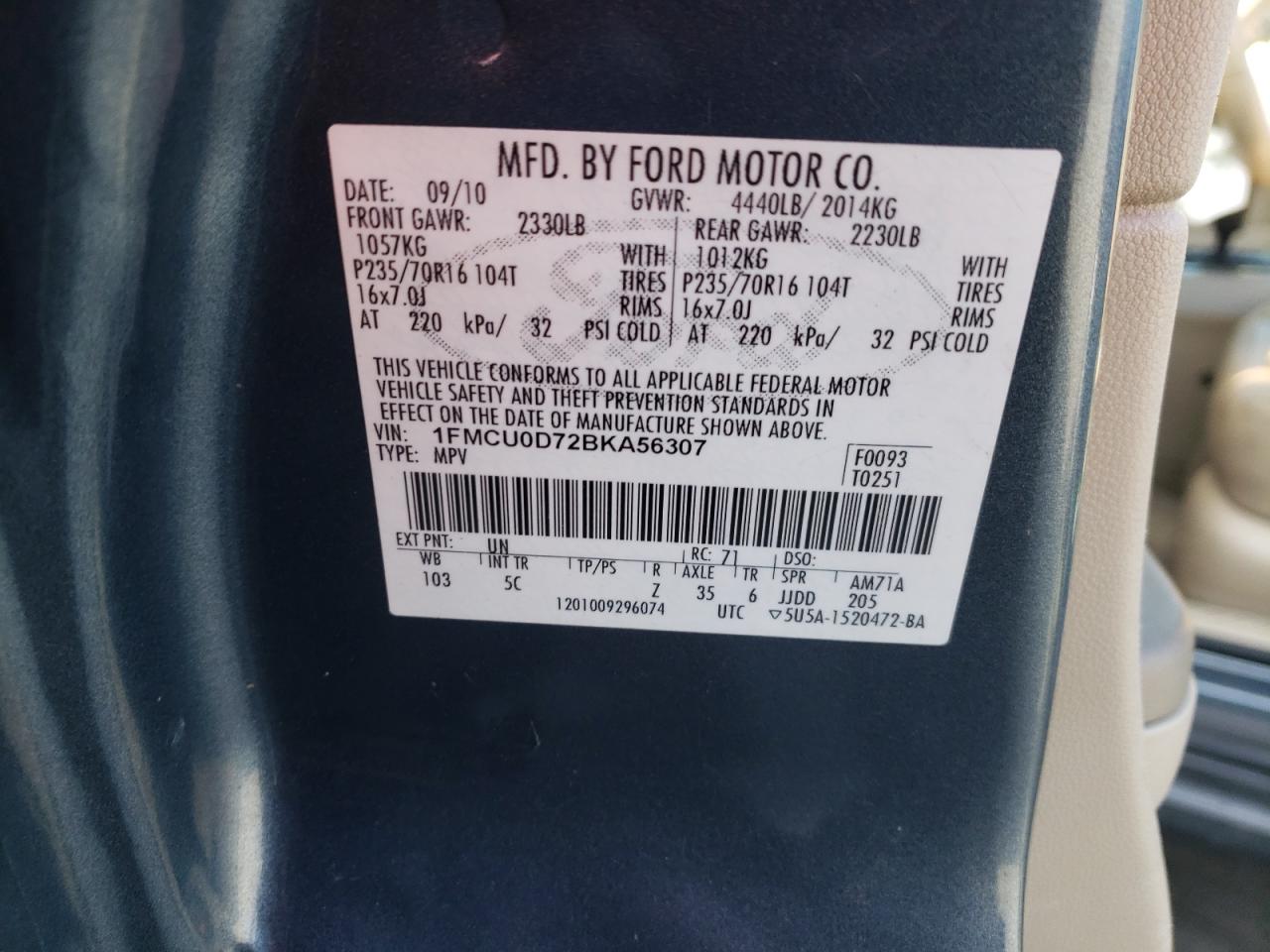 Photo 10 from auction – 2011 FORD ESCAPE XLT with VIN 1FMCU0D72BKA56307