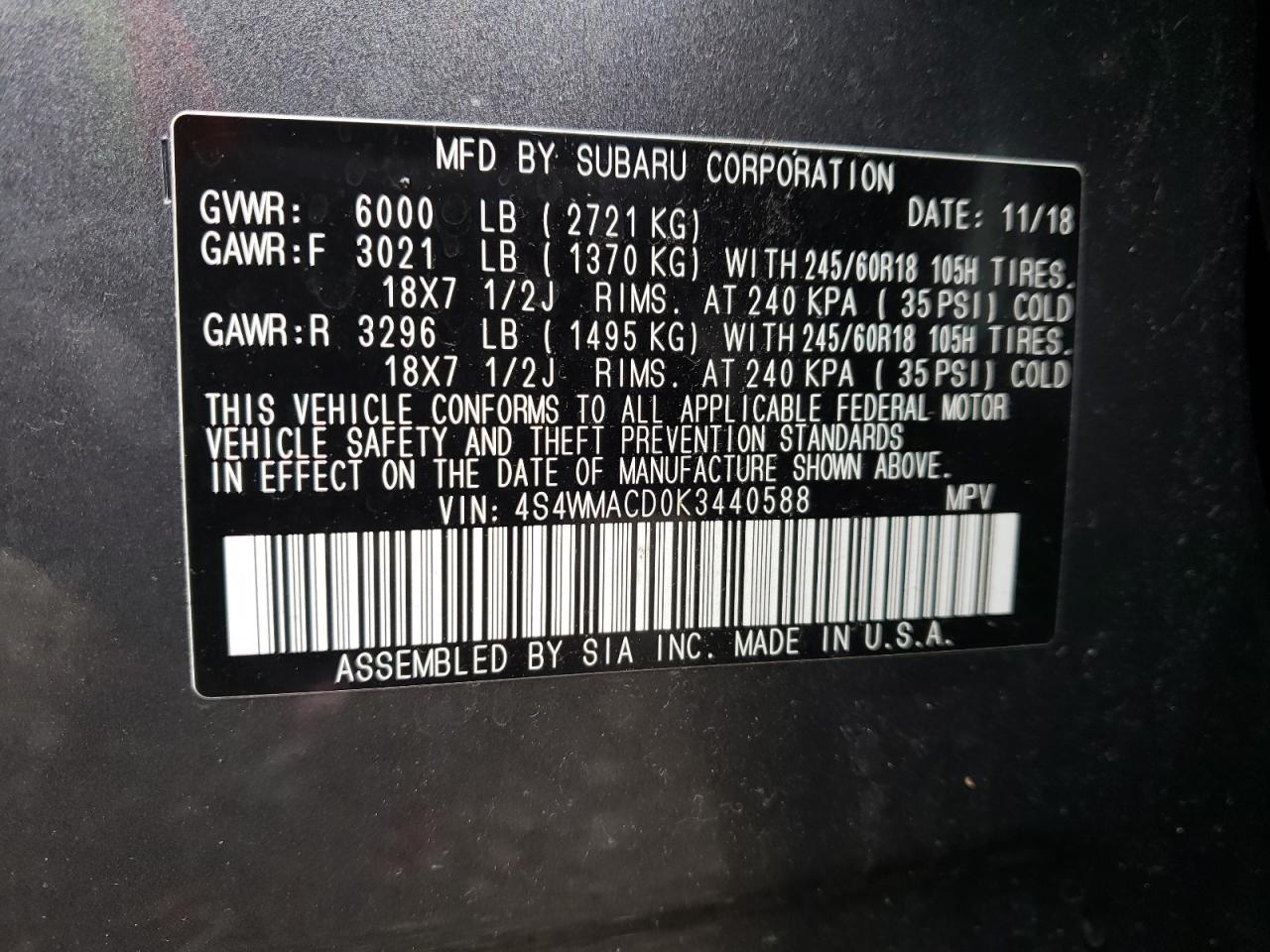 Photo 10 from auction – 2019 SUBARU ASCENT PRE with VIN 4S4WMACD0K3440588