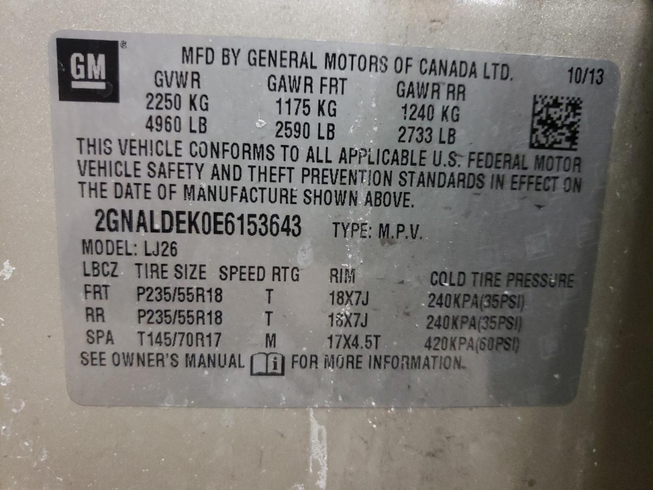 Photo 10 from auction – 2014 CHEVROLET EQUINOX LT with VIN 2GNALDEK0E6153643