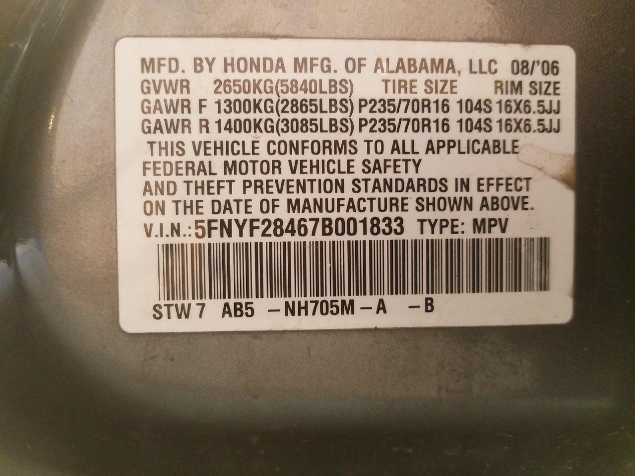 Photo 10 from auction – 2007 HONDA PILOT EX with VIN 5FNYF28467B001833