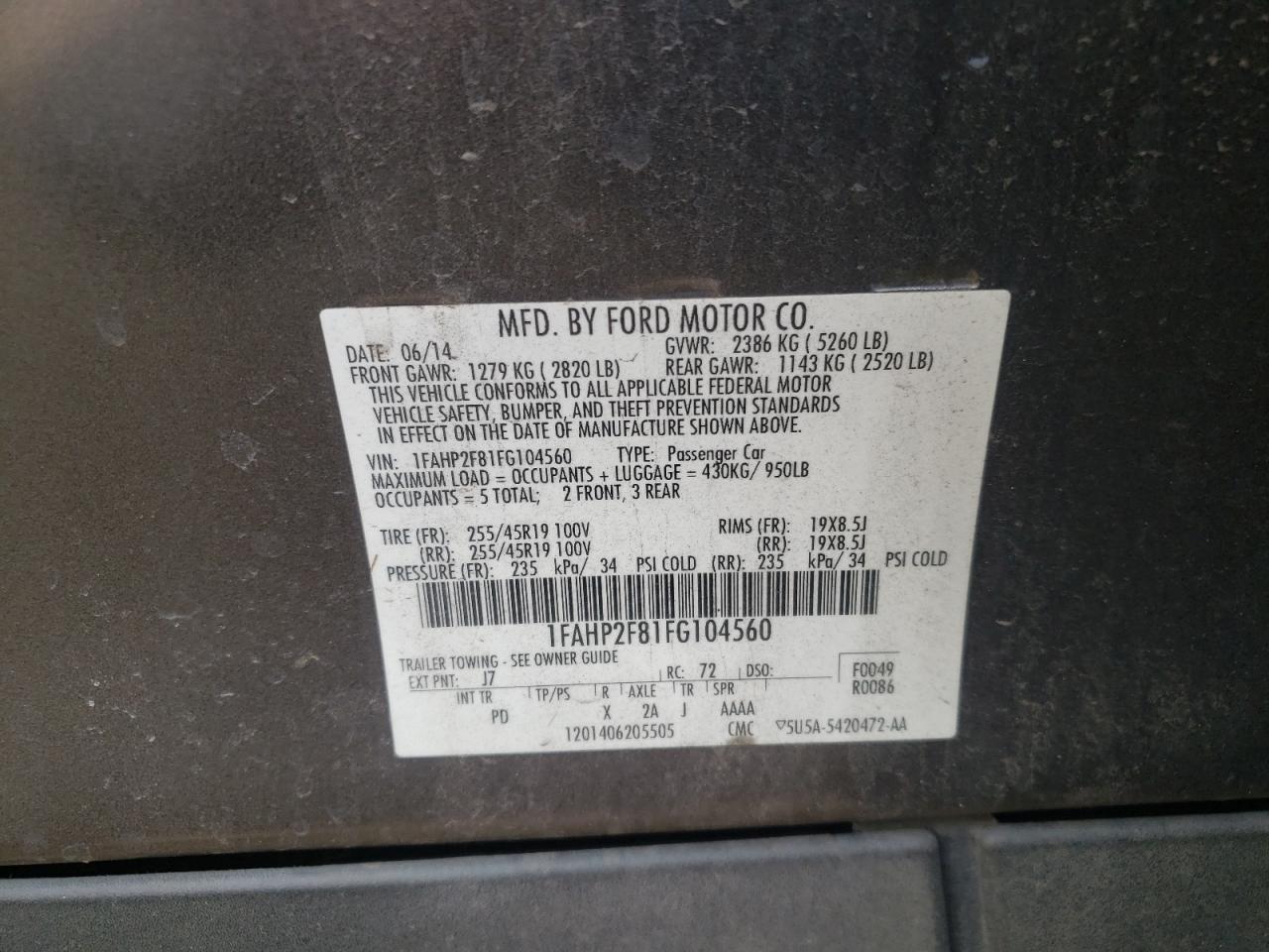 Photo 10 from auction – 2015 FORD TAURUS LIM with VIN 1FAHP2F81FG104560