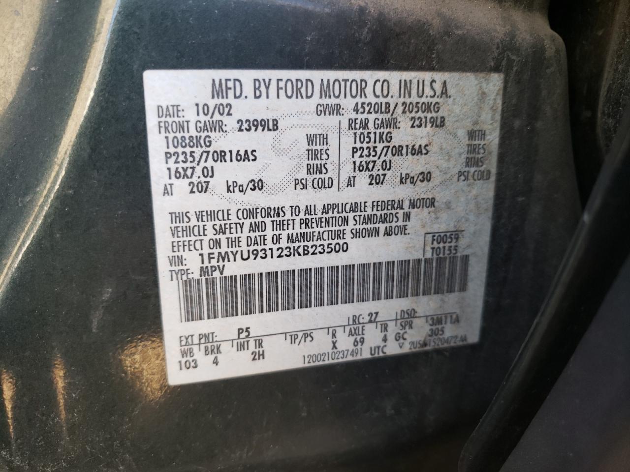 Photo 10 from auction – 2003 FORD ESCAPE XLT with VIN 1FMYU93123KB23500