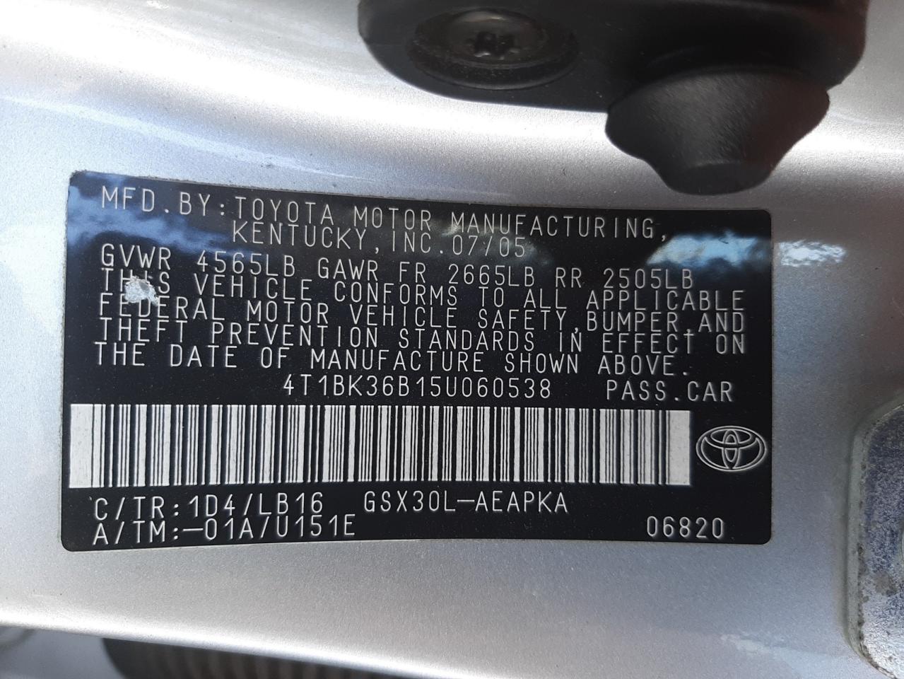 Photo 10 from auction – 2006 TOYOTA AVALON LIM with VIN 4T1BK36B15U060538