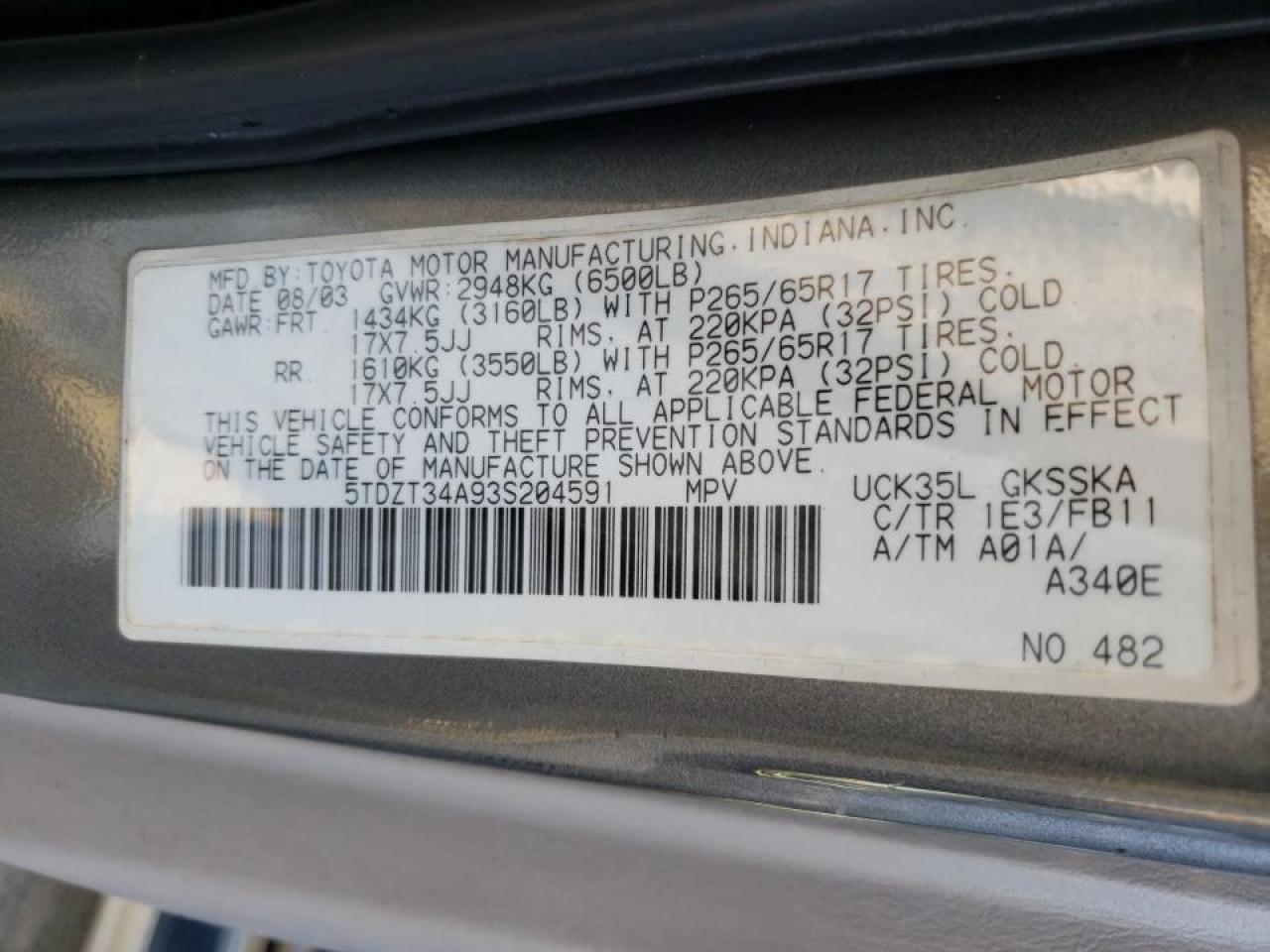 Photo 10 from auction – 2003 TOYOTA SEQUOIA SR with VIN 5TDZT34A93S204591