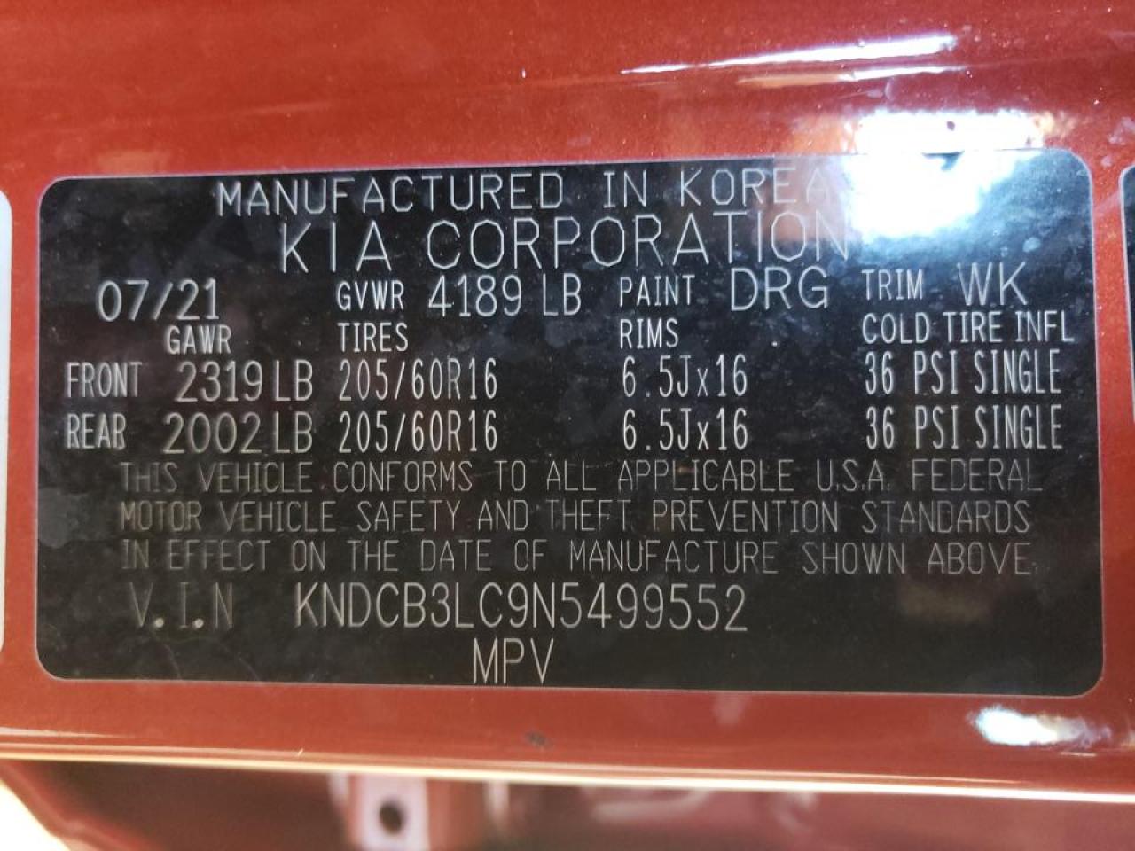 Photo 10 from auction – 2022 KIA NIRO LX with VIN KNDCB3LC9N5499552