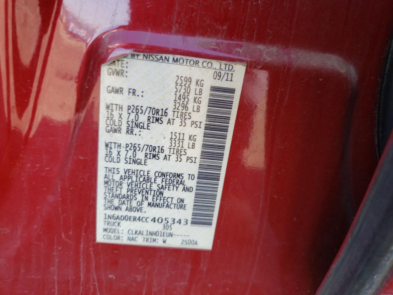 Photo 10 from auction – 2012 NISSAN FRONTIER S with VIN 1N6AD0ER4CC405343
