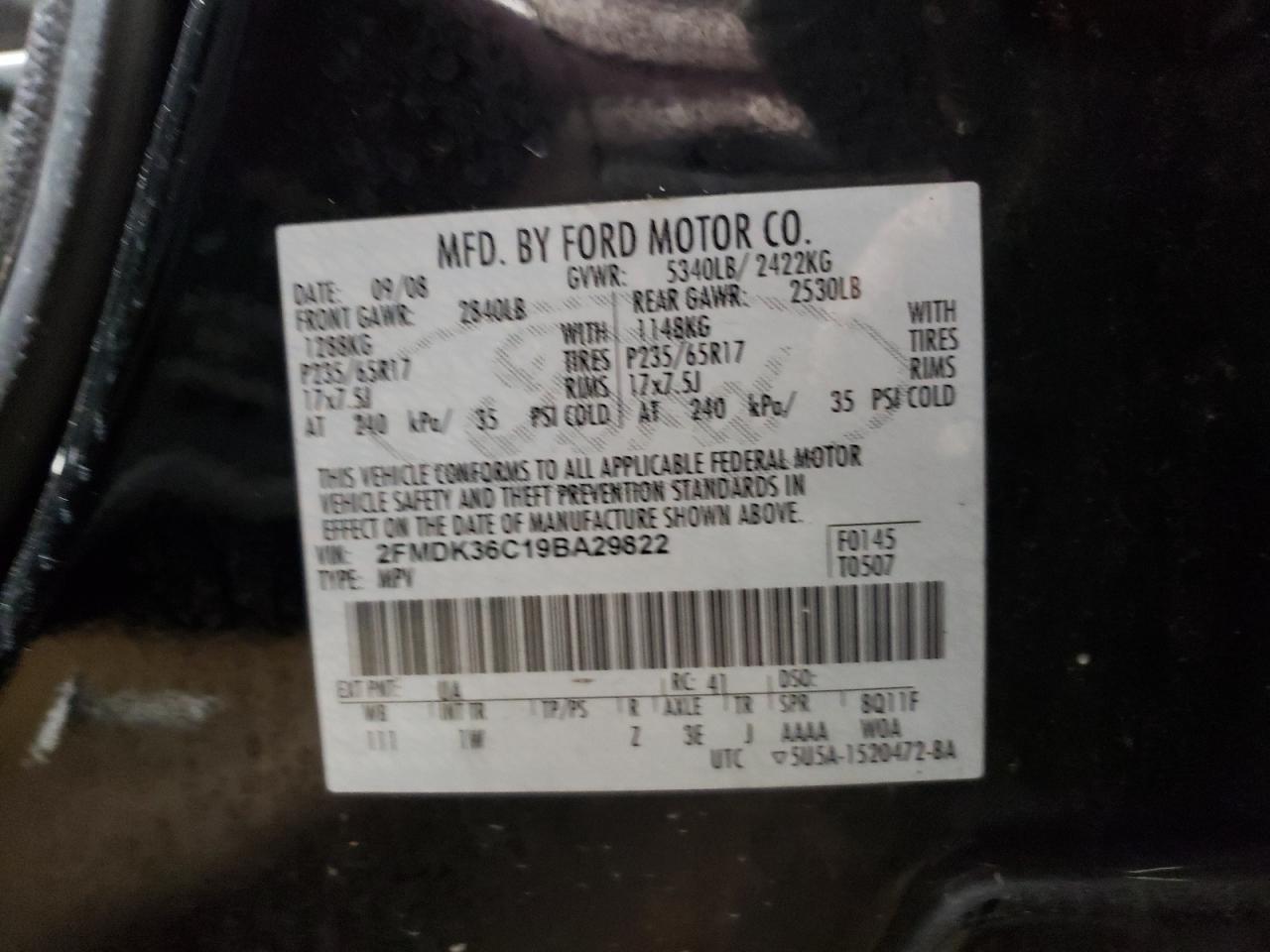 Photo 10 from auction – 2009 FORD EDGE SE with VIN 2FMDK36C19BA29822