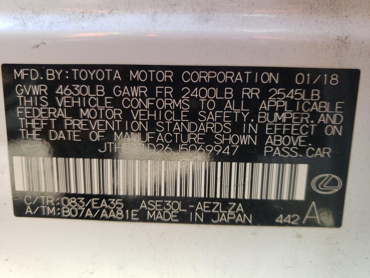 Photo 10 from auction – 2018 LEXUS IS 300 with VIN JTHBA1D26J5069947