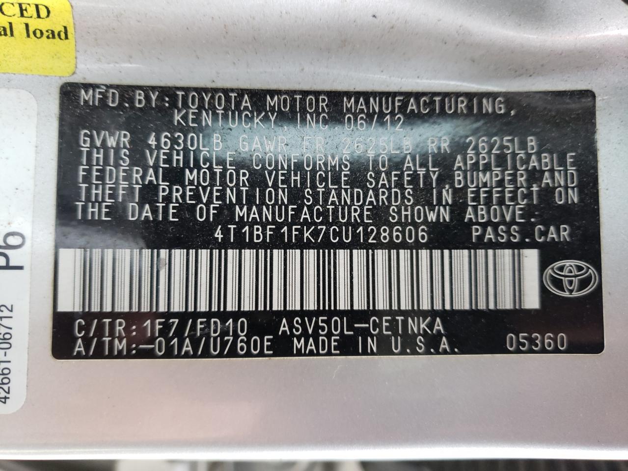 Photo 10 from auction – 2012 TOYOTA CAMRY BASE with VIN 4T1BF1FK7CU128606
