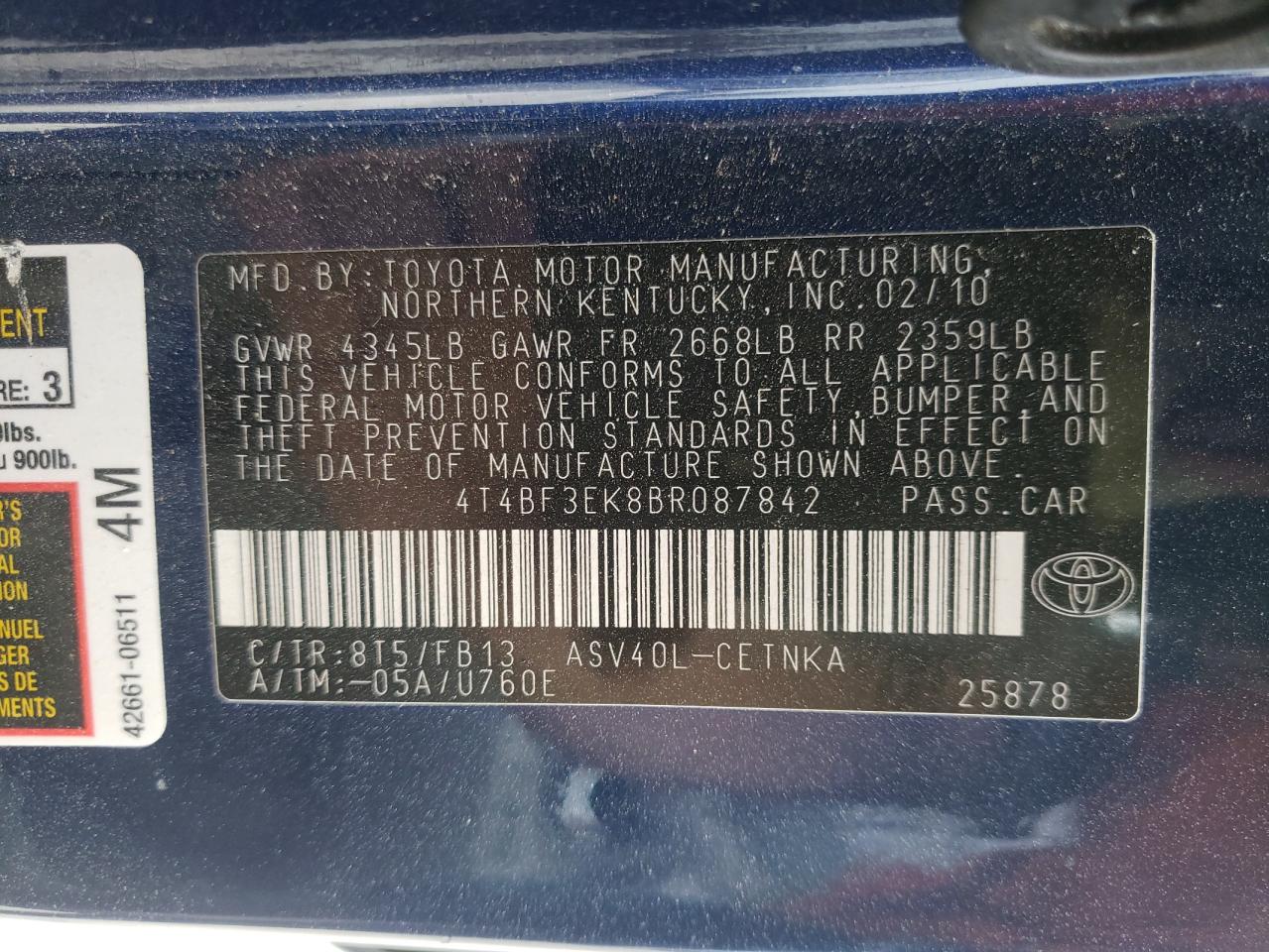 Photo 10 from auction – 2011 TOYOTA CAMRY BASE with VIN 4T4BF3EK8BR087842