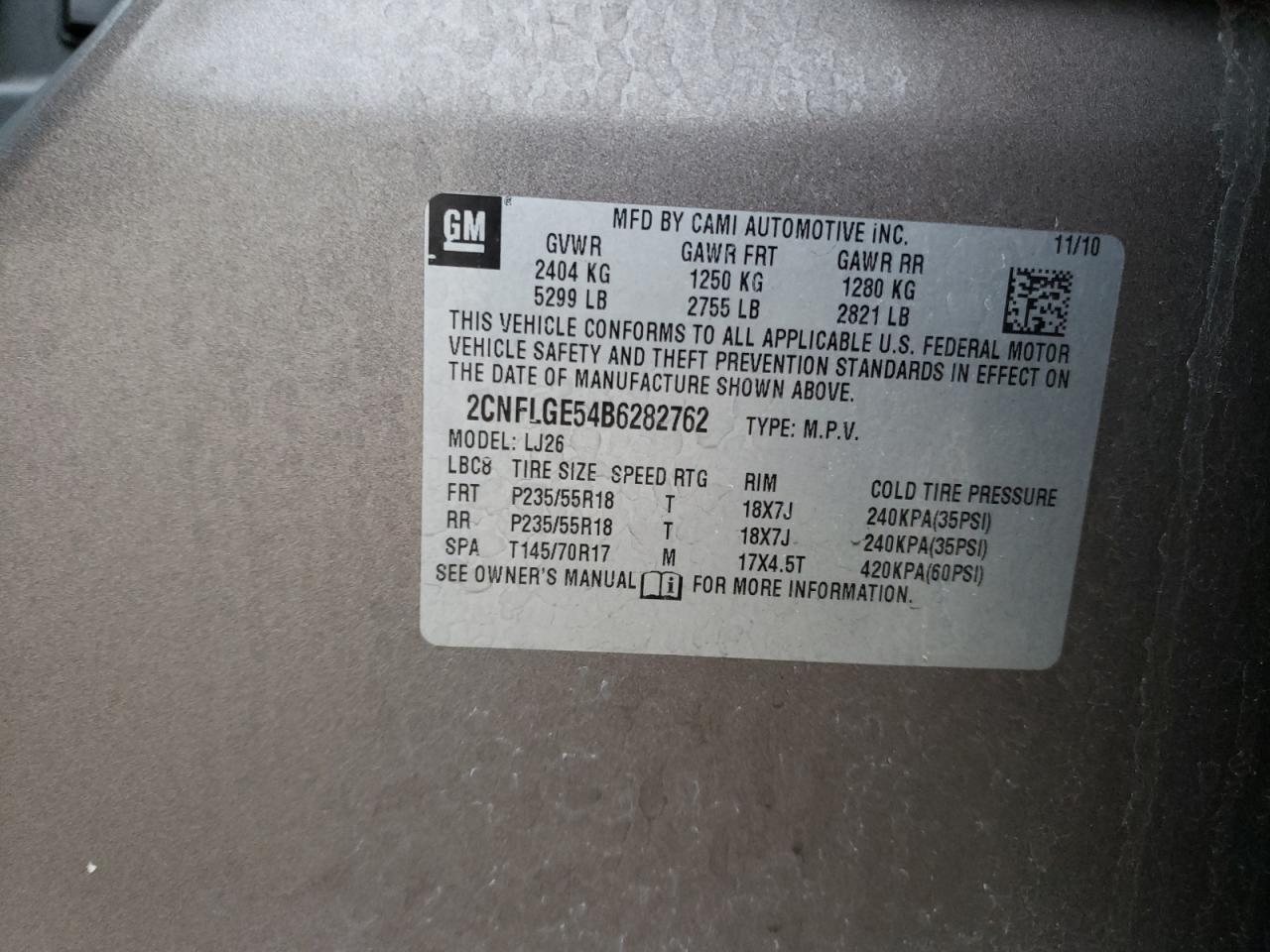 Photo 10 from auction – 2011 CHEVROLET EQUINOX LT with VIN 2CNFLGE54B6282762