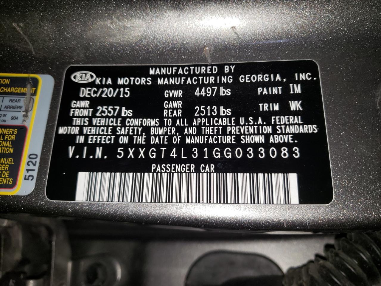 Photo 10 from auction – 2016 KIA OPTIMA LX with VIN 5XXGT4L31GG033083
