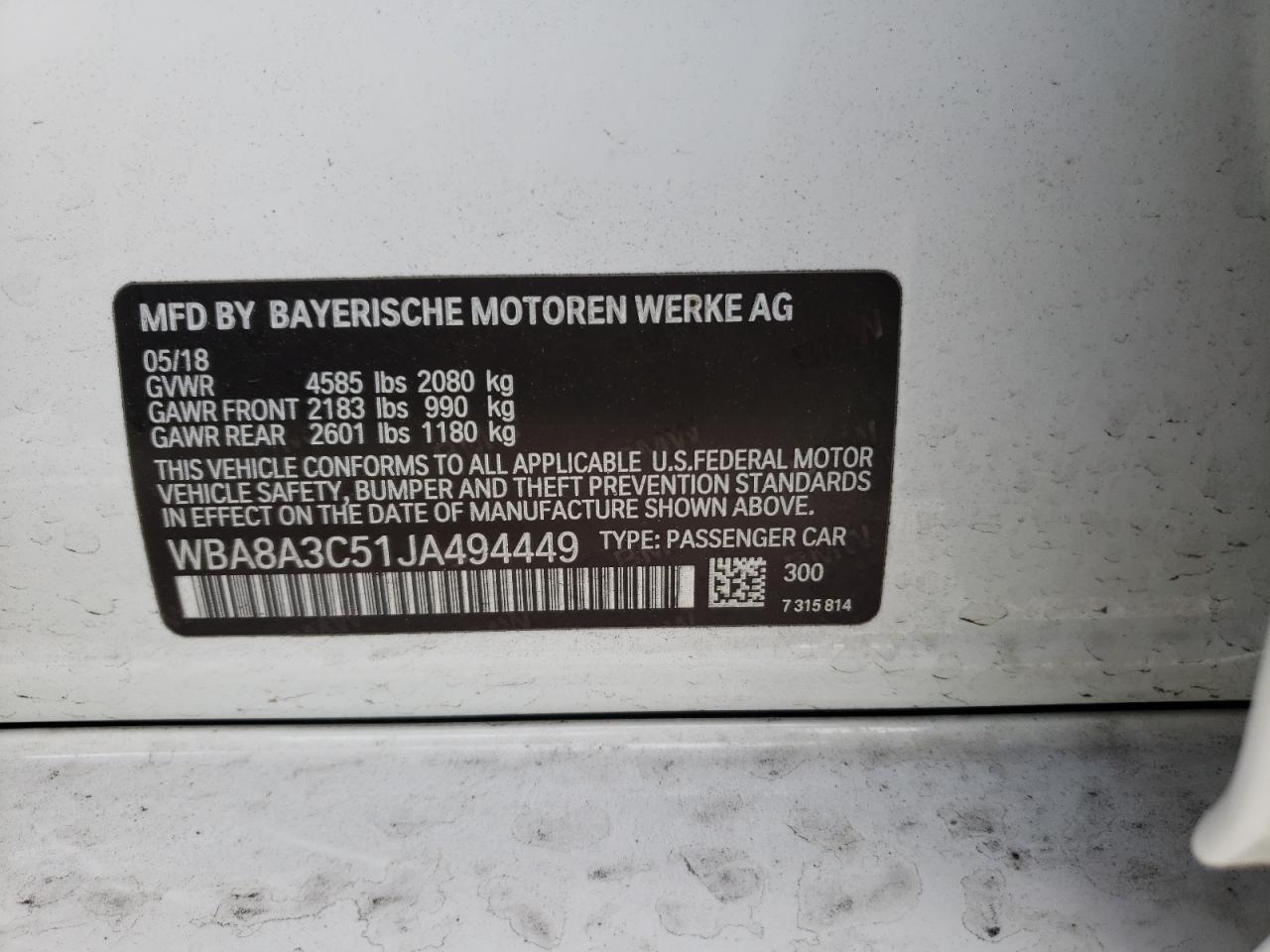 Photo 10 from auction – 2018 BMW 320 XI with VIN WBA8A3C51JA494449