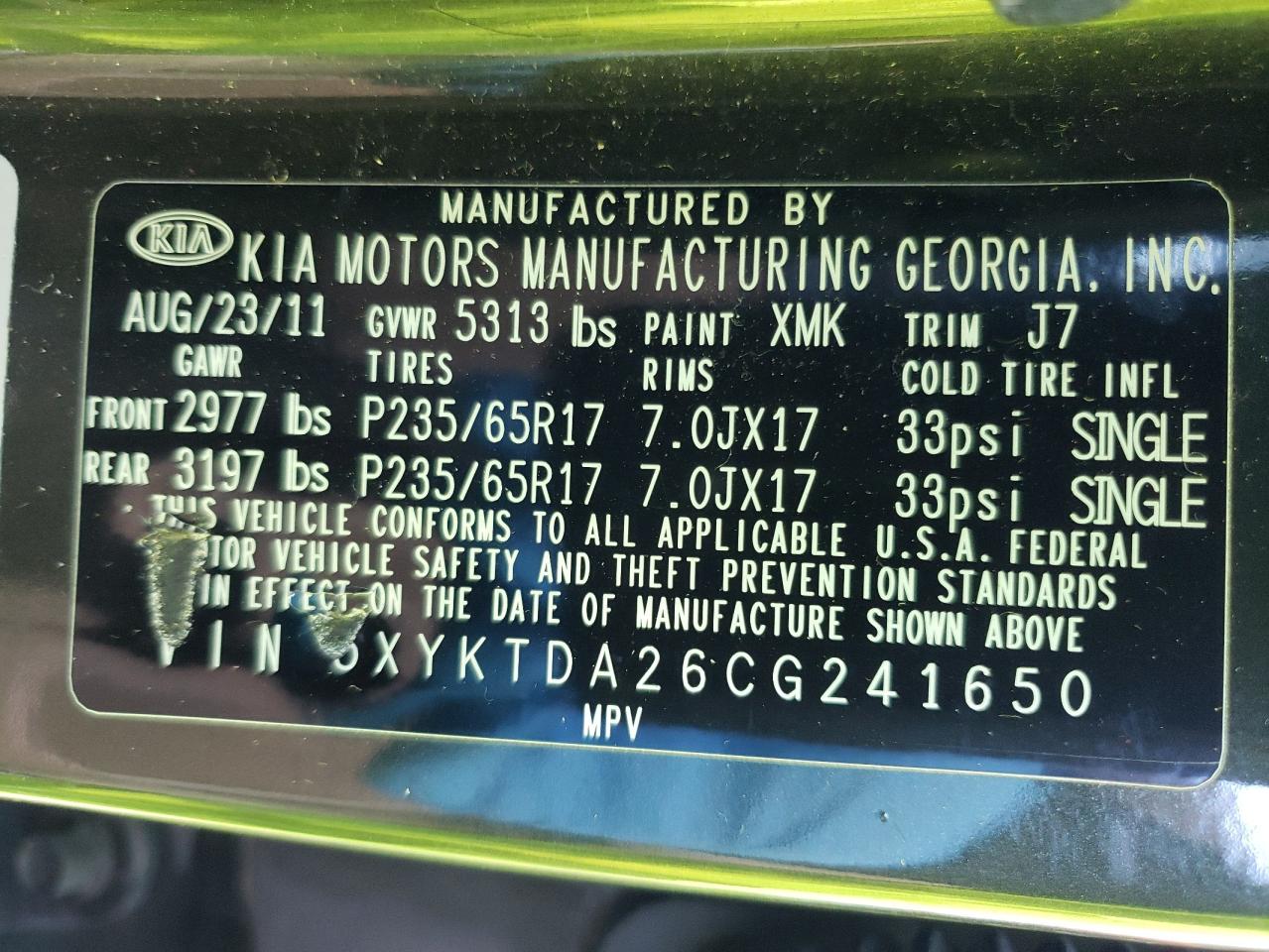 Photo 10 from auction – 2012 KIA SORENTO BA with VIN 5XYKTDA26CG241650