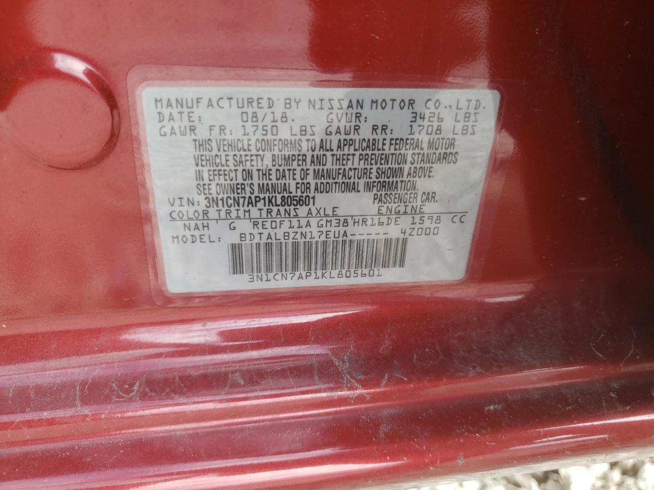 Photo 10 from auction – 2019 NISSAN VERSA S with VIN 3N1CN7AP1KL805601