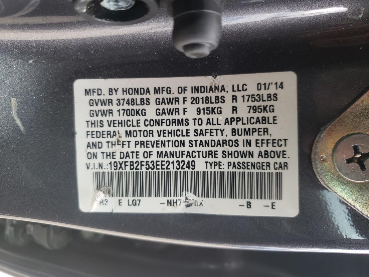 Photo 10 from auction – 2014 HONDA CIVIC LX with VIN 19XFB2F53EE213249