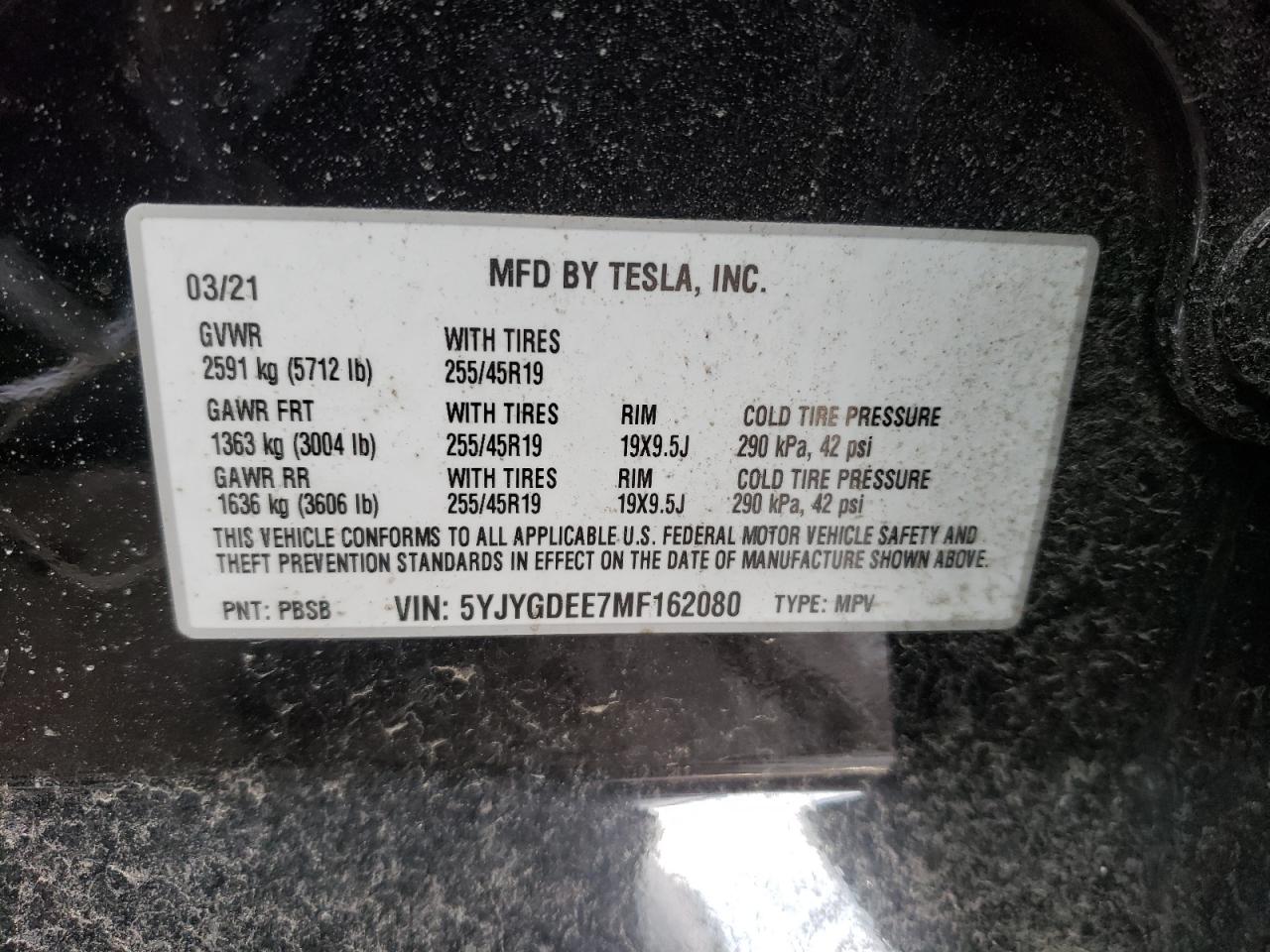 Foto 10 de la subasta – 2021 TESLA MODEL Y con VIN 5YJYGDEE7MF162080