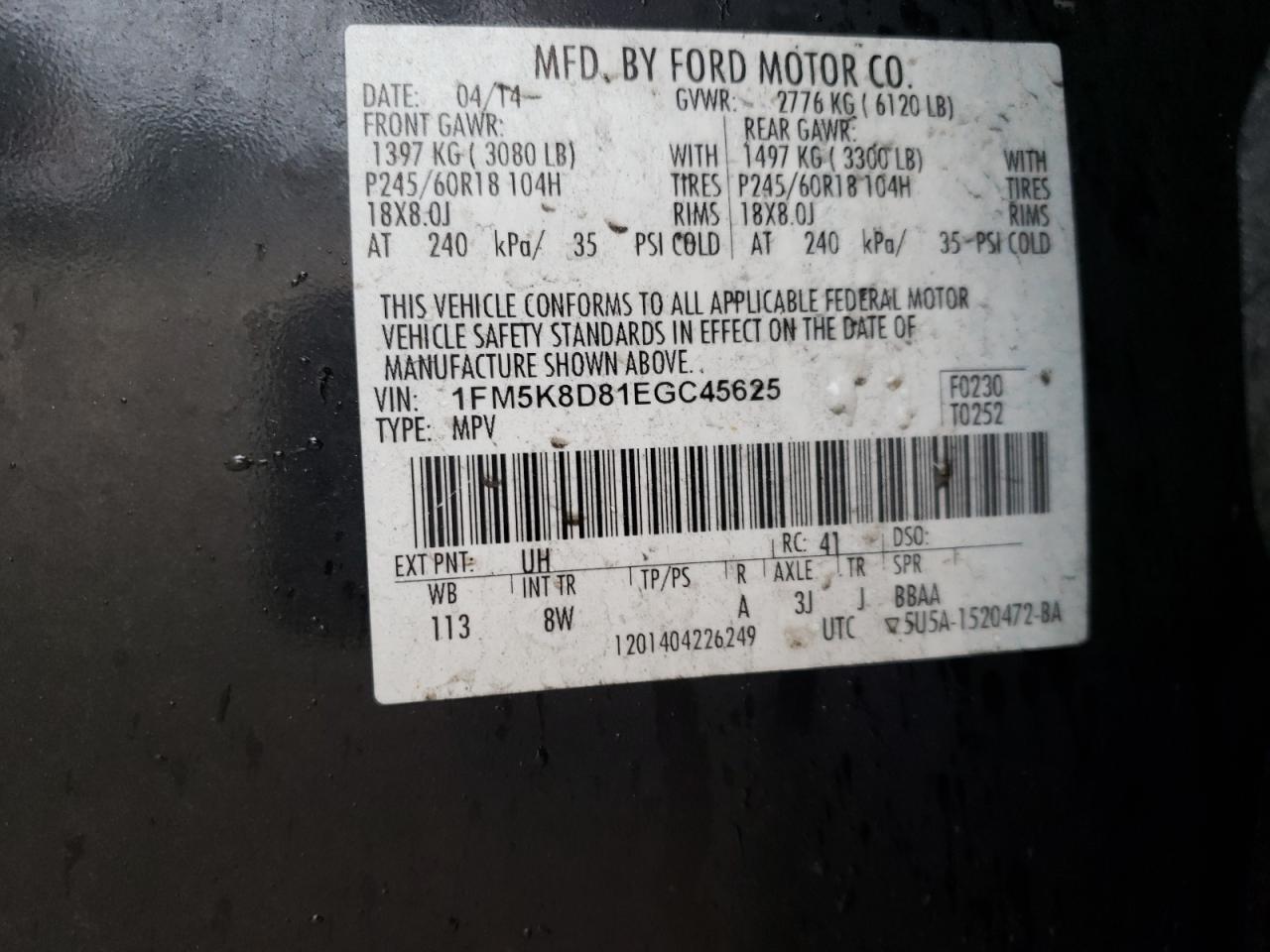 Photo 10 from auction – 2014 FORD EXPLORER X with VIN 1FM5K8D81EGC45625