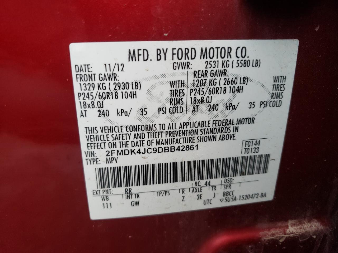 Photo 10 from auction – 2013 FORD EDGE SEL with VIN 2FMDK4JC9DBB42861