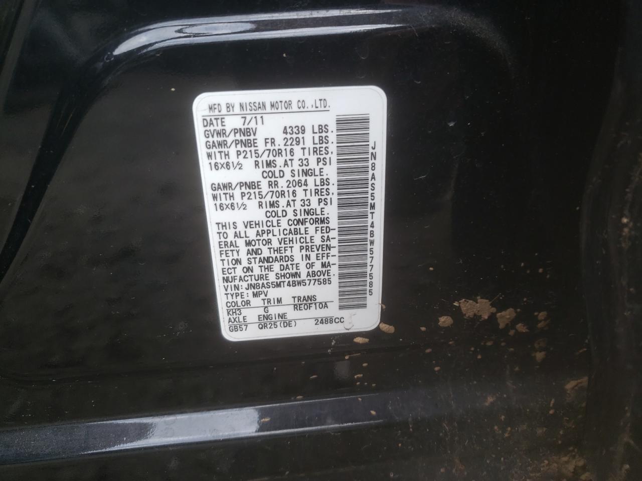 Photo 10 from auction – 2011 NISSAN ROGUE S with VIN JN8AS5MT4BW577585